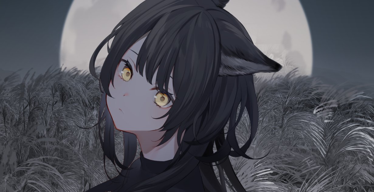 black haired catgirl in front of a large moon, she has golden eyes and a blank expression on her face