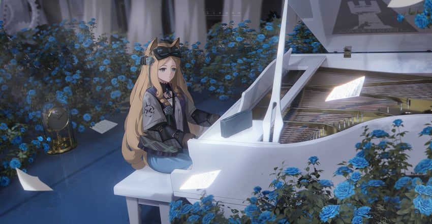 blonde nekomimi sitting at a piano